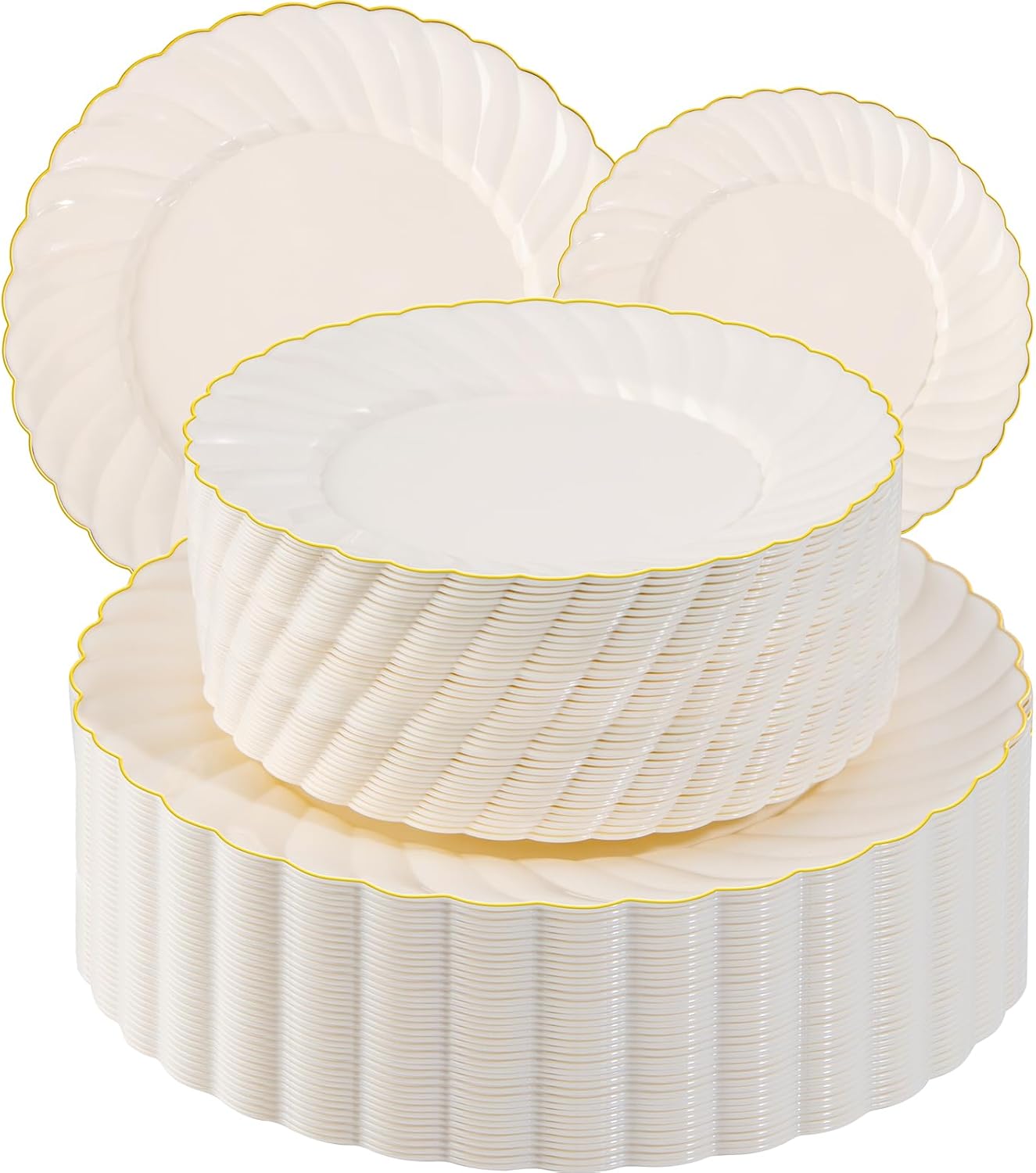 U-QE 100 Piece Ivory-Scalloped-Plastic-Plates, Special Plastic Party Plates for...