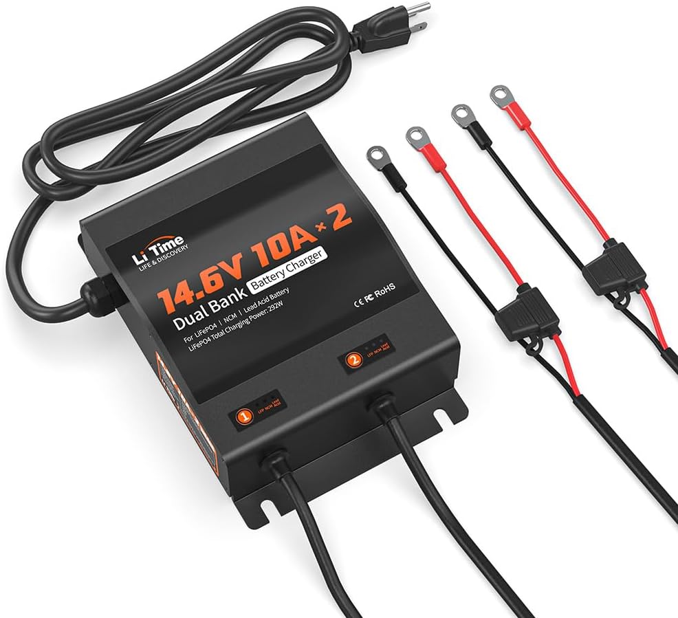 LiTime 2-Bank 10A (10A/Bank) Dual Smart Battery Charger, 14.6V LiFePO4 Battery C...