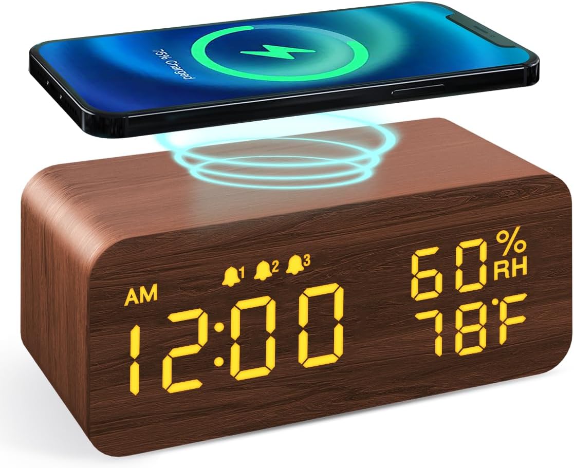 JALL Wooden Digital Alarm Clock with Wireless Char...