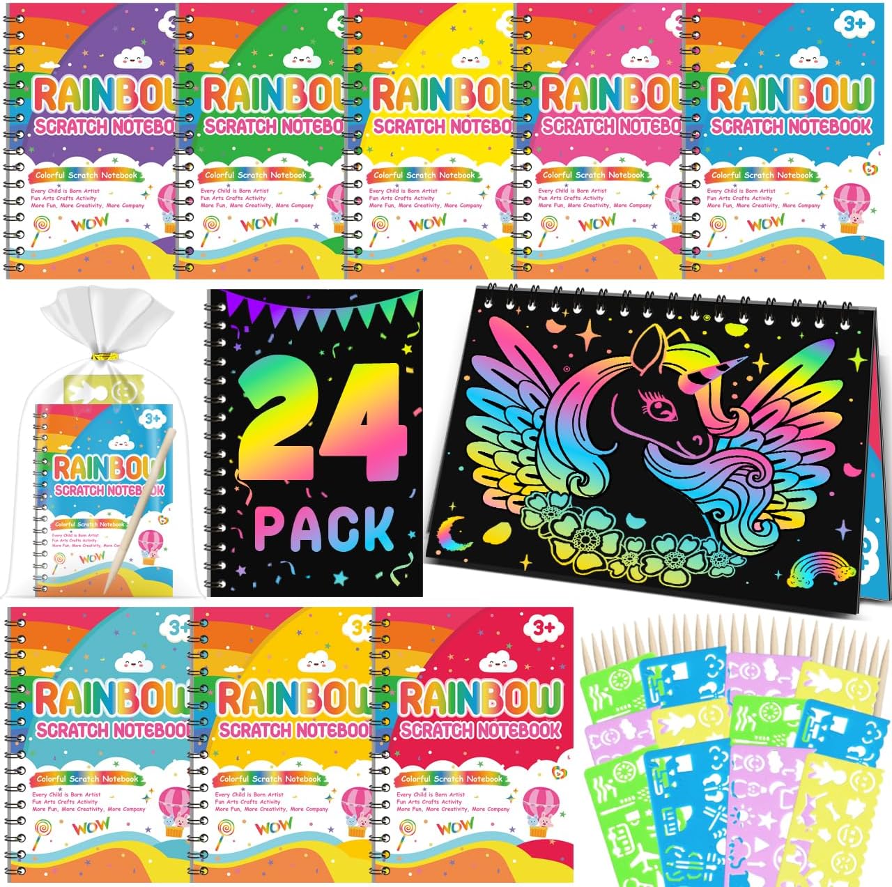 PIEKIDSFUN Party Bag Fillers for Kids, 24 Pack Rainbow Scratch Notebook Toys Wit...