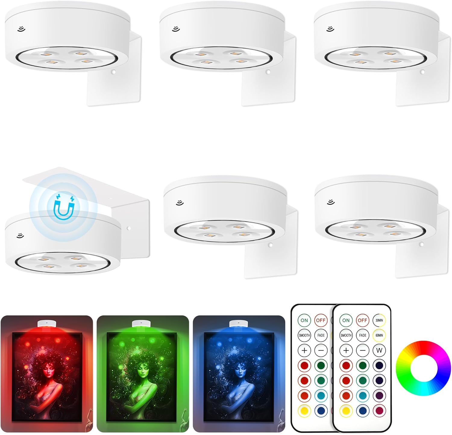 6Pcs Picture Light Battery Operated, 13 RGB Color Magnetic Led Art Display Light...
