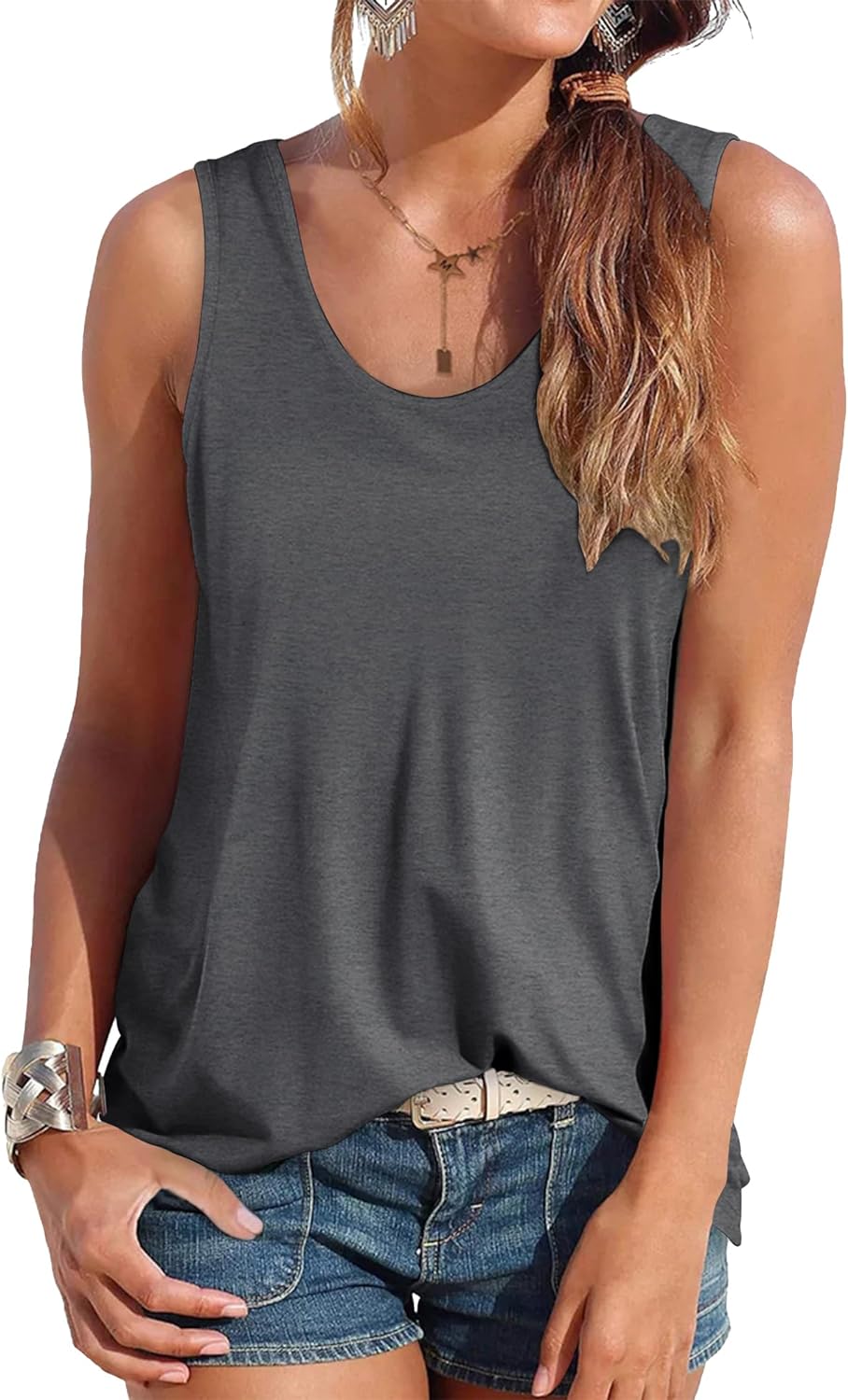 Smile Fish Women Scoop Neck Flowy Loose Fit Tank Top Sleeveless Summer Tops Shir...