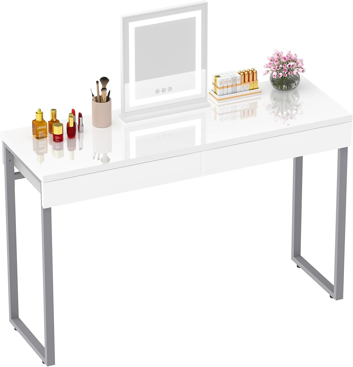 GreenForest Vanity Desk with 2 Drawers Glossy White 39 inch Modern Home Office C...