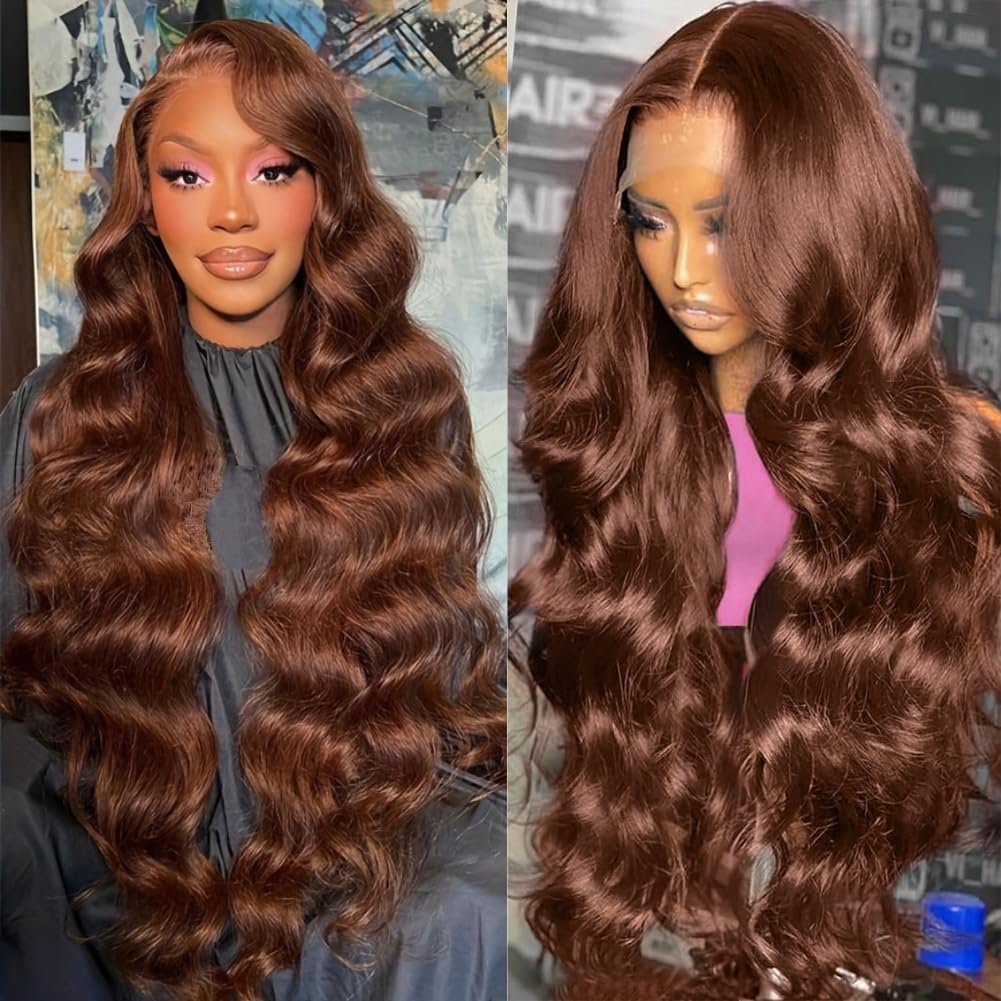 AOSUN 32 Inch Chocolate Brown Body Wave Lace Front Wig, Special Human Hair Wig,...