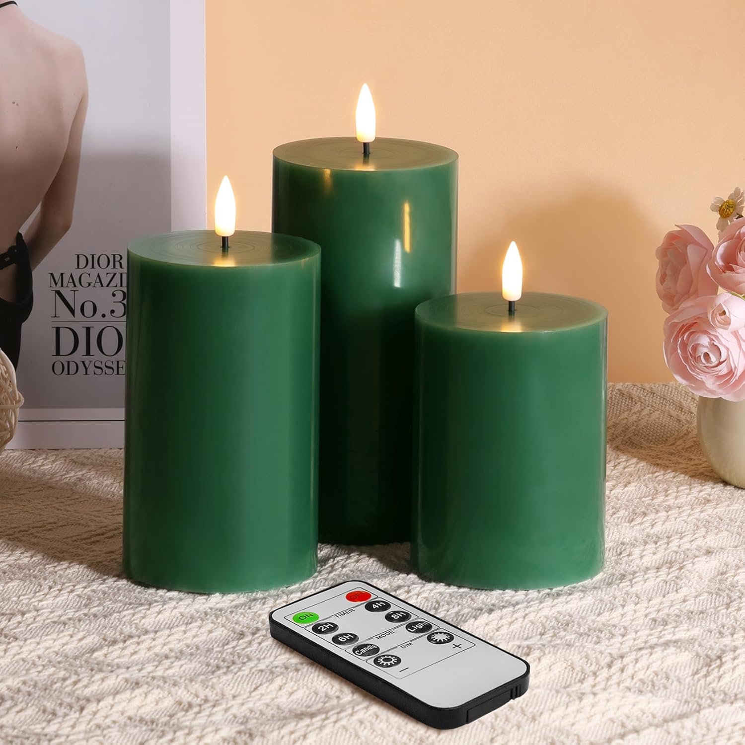 Eywamage Green Flameless Pillar Candles, Special LED Candles with Remote, Innova...