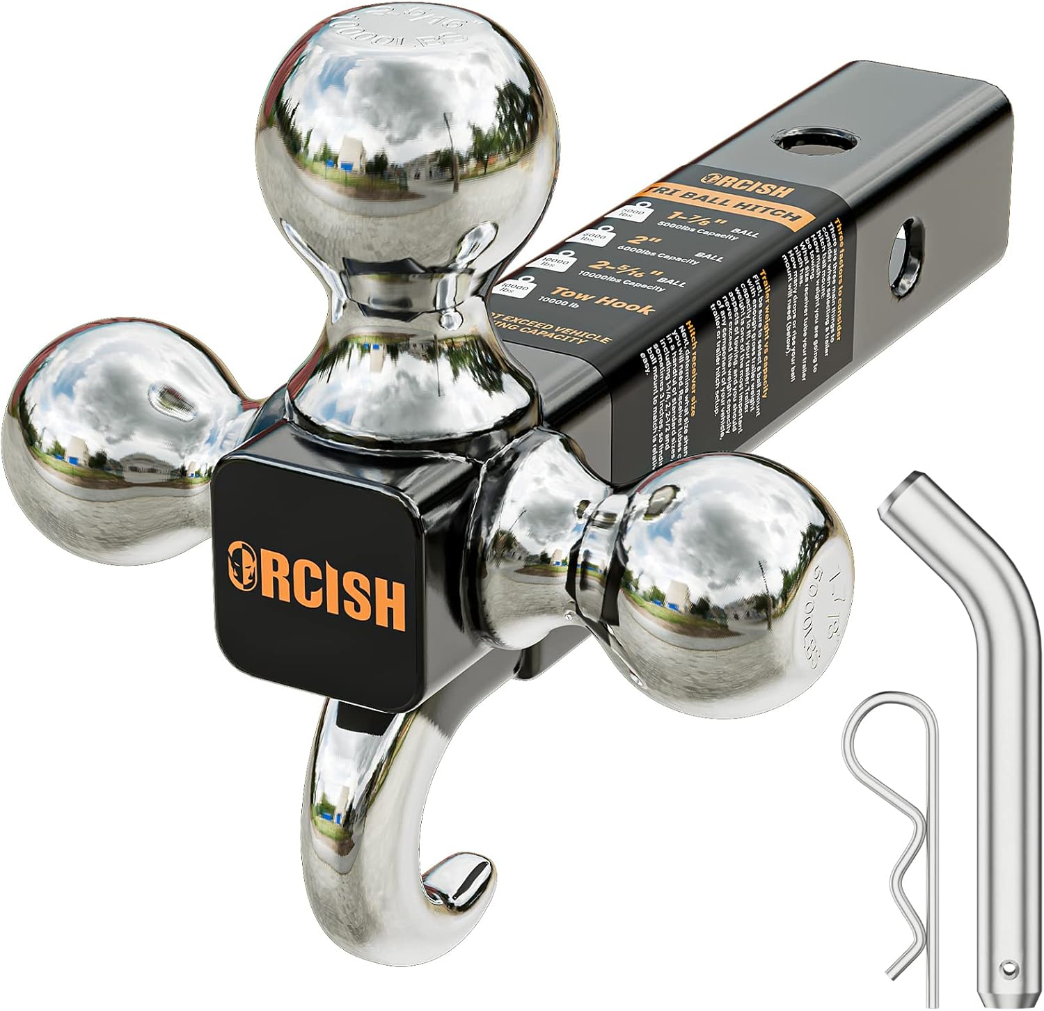 ORCISH Trailer Hitch Tri-Ball Mount with Hook & Pin, Trailer Ball Size 1-7/8", 2...