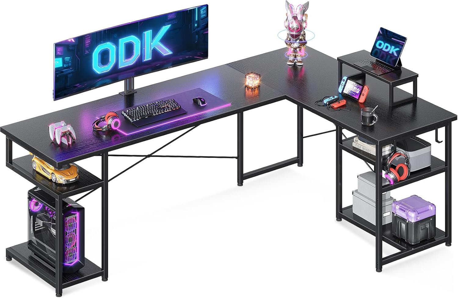 ODK Corner Desk, L Shaped Desk with Storage & Hooks, Computer Gaming Desk with M...