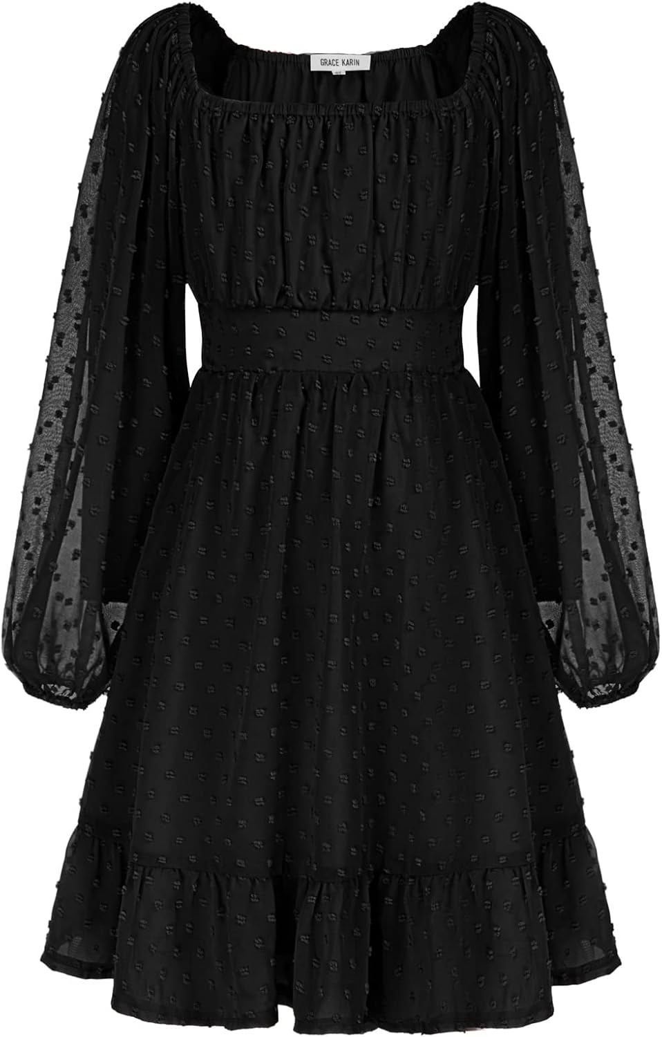GRACE KARIN Girls Kids Long Sleeve Square Neck Swiss Dot Off Shoulder Casual Dai...