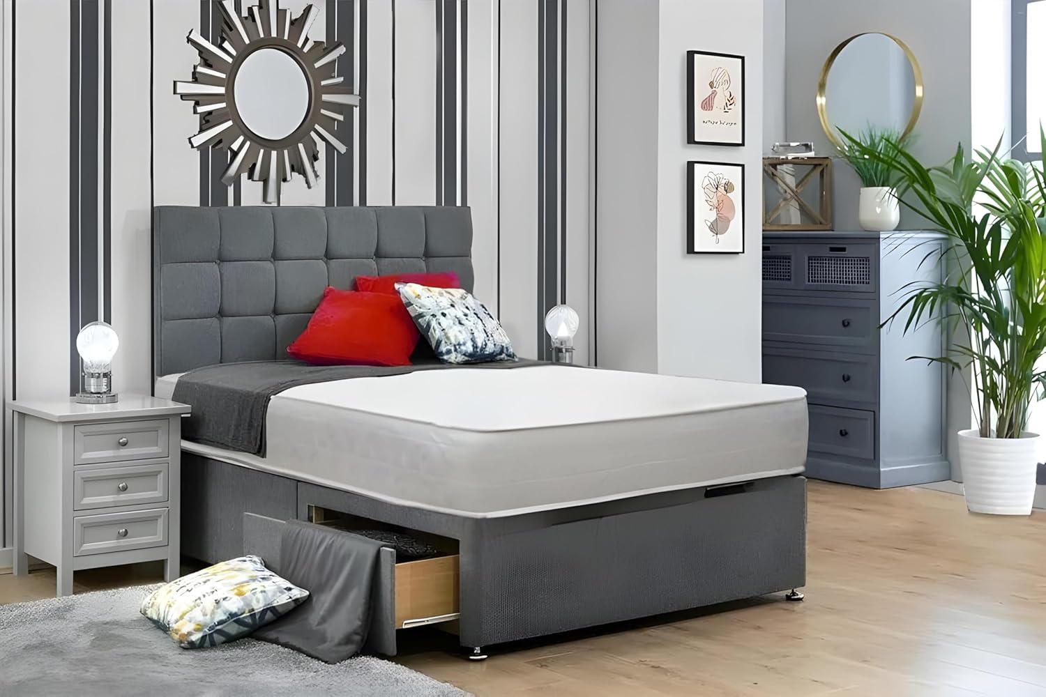 DivanBedsDeals | Grey 5ft King Bed | Linen Look Divan Bed with 10 Inch Spring Me...