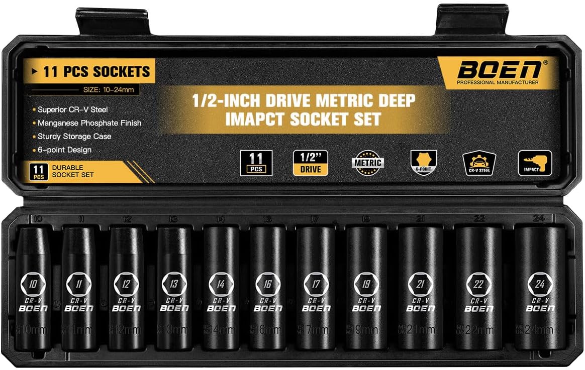 1/2" Drive Deep Impact Socket Set, 11 Pieces Socket Set Metric 10-24mm, 6 Point...
