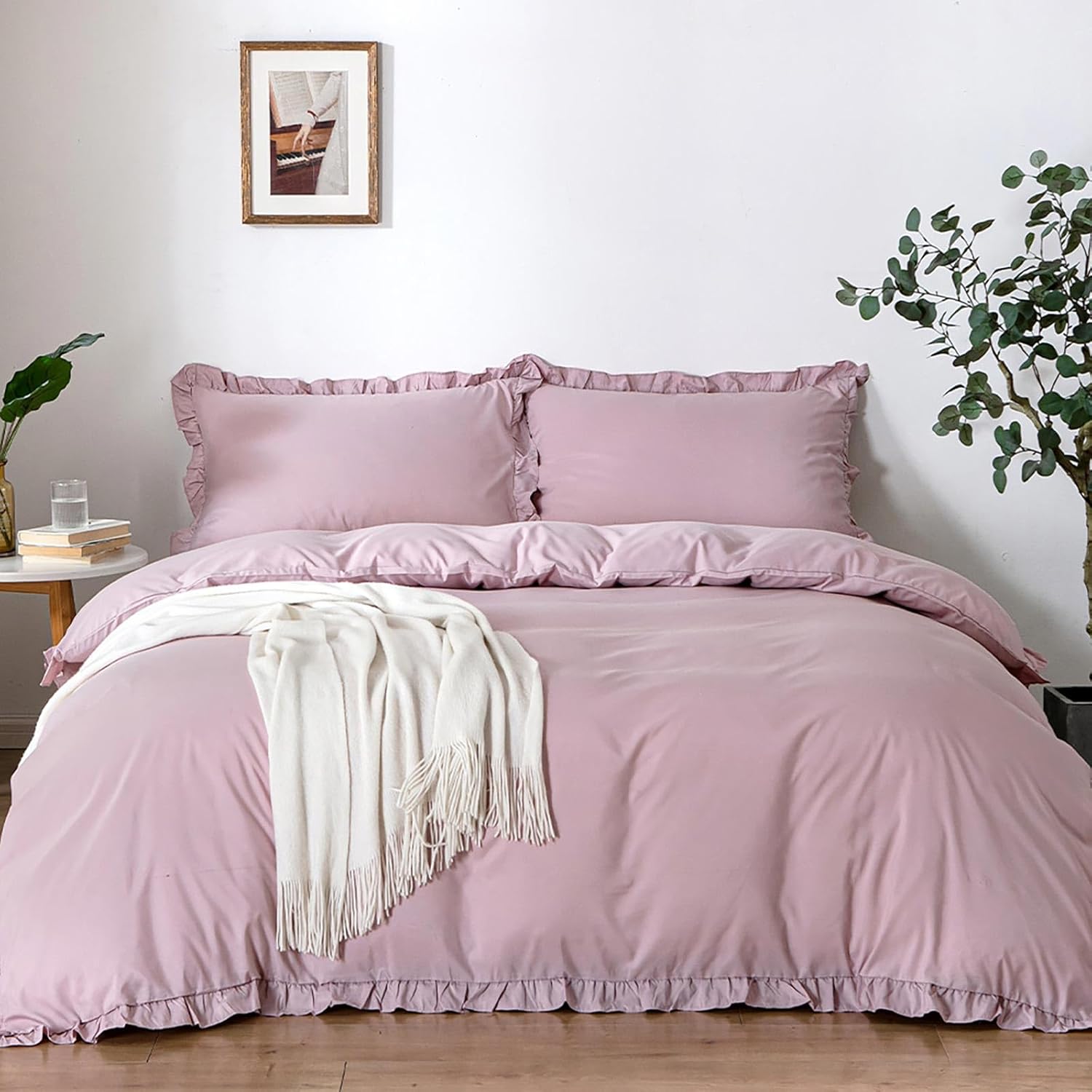 Tokokimo Ruffle Duvet Cover Double - Pink Bedding Sets, Soft Microfiber Pink Dou...
