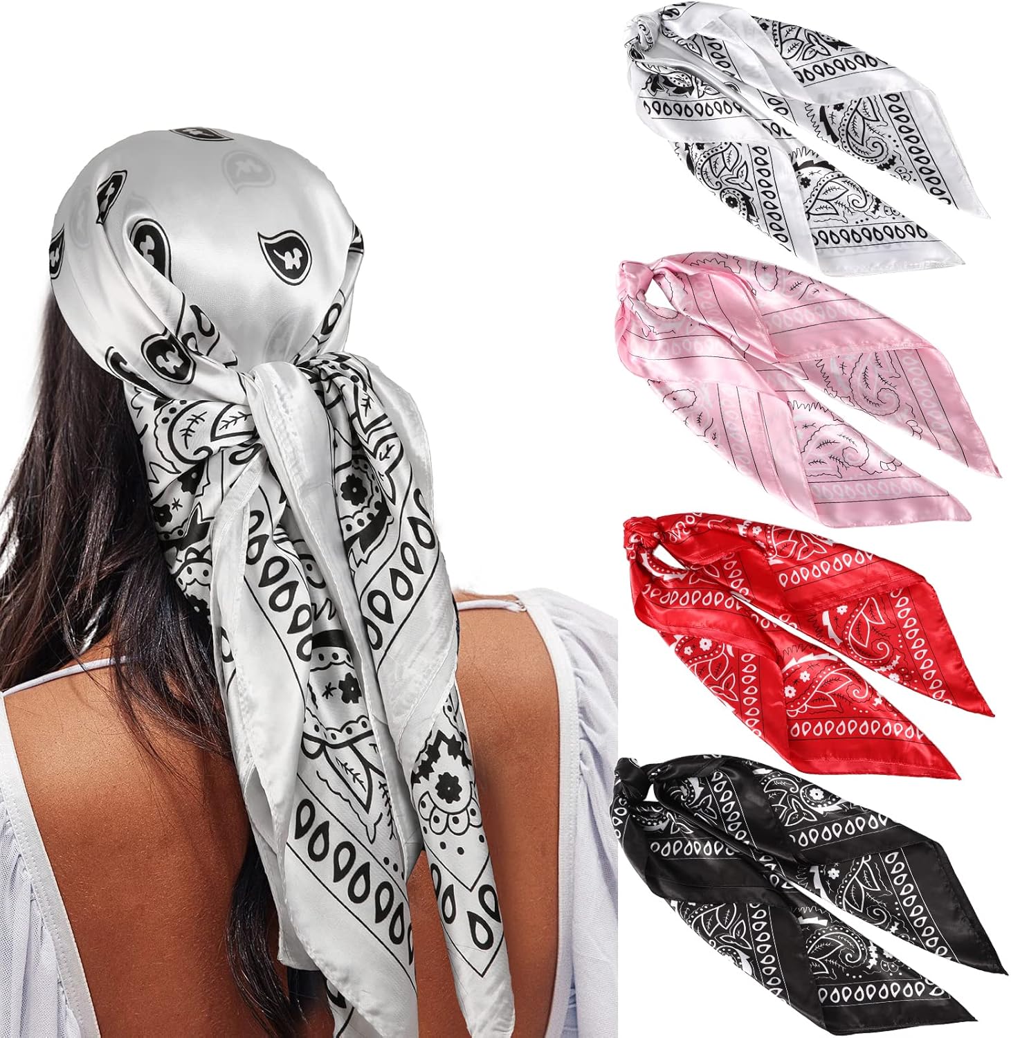 AWAYTR Satin Scarves, Special 35" Large Square Head Scarves, Innovative 4PCS Sil...