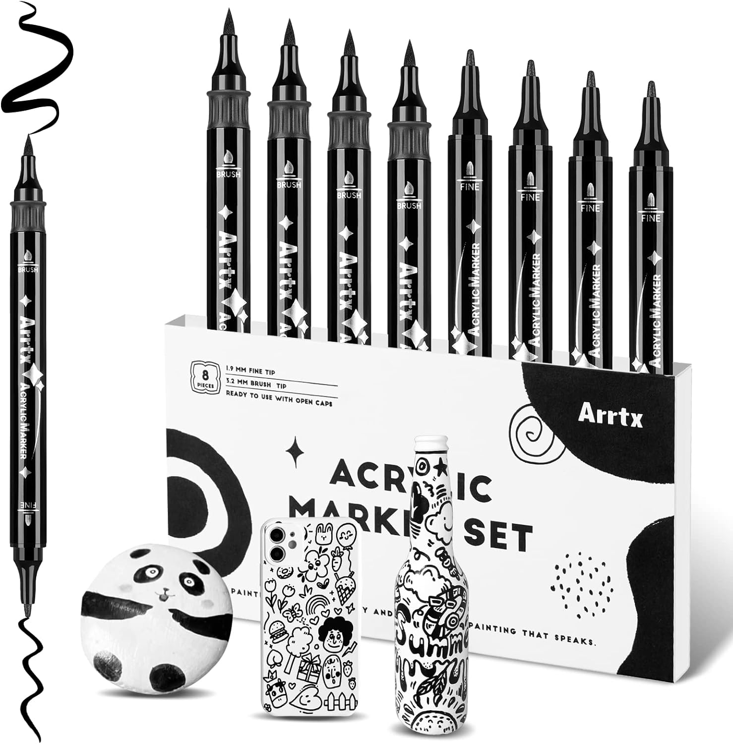 Arrtx Black Acrylic Paint Pens, Special Black Paint Markers with Brush Tip and F...