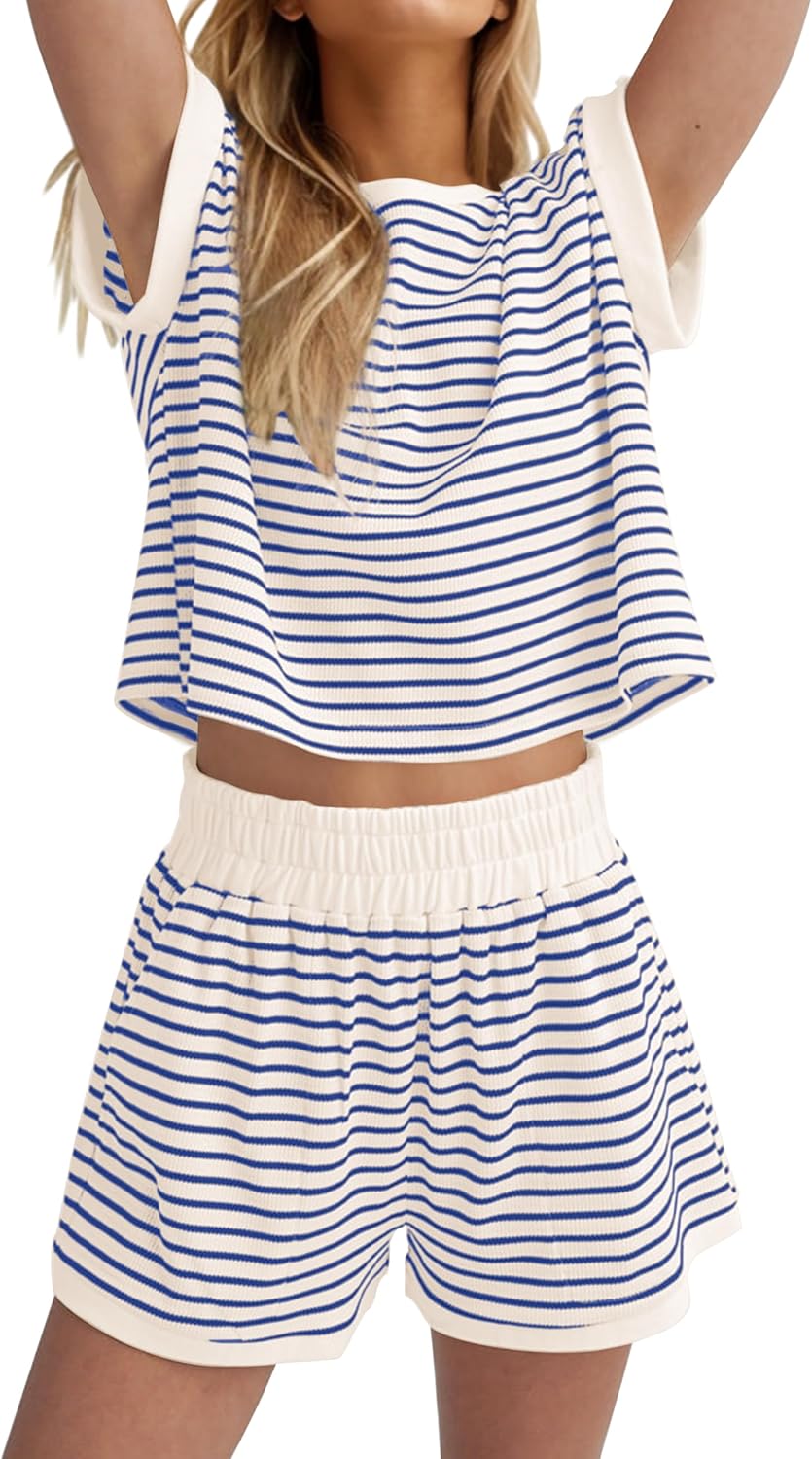 MISSACTIVER 2 Piece Lounge Set Women Stripe Knit Short Sleeve Tee Shirts Shorts...