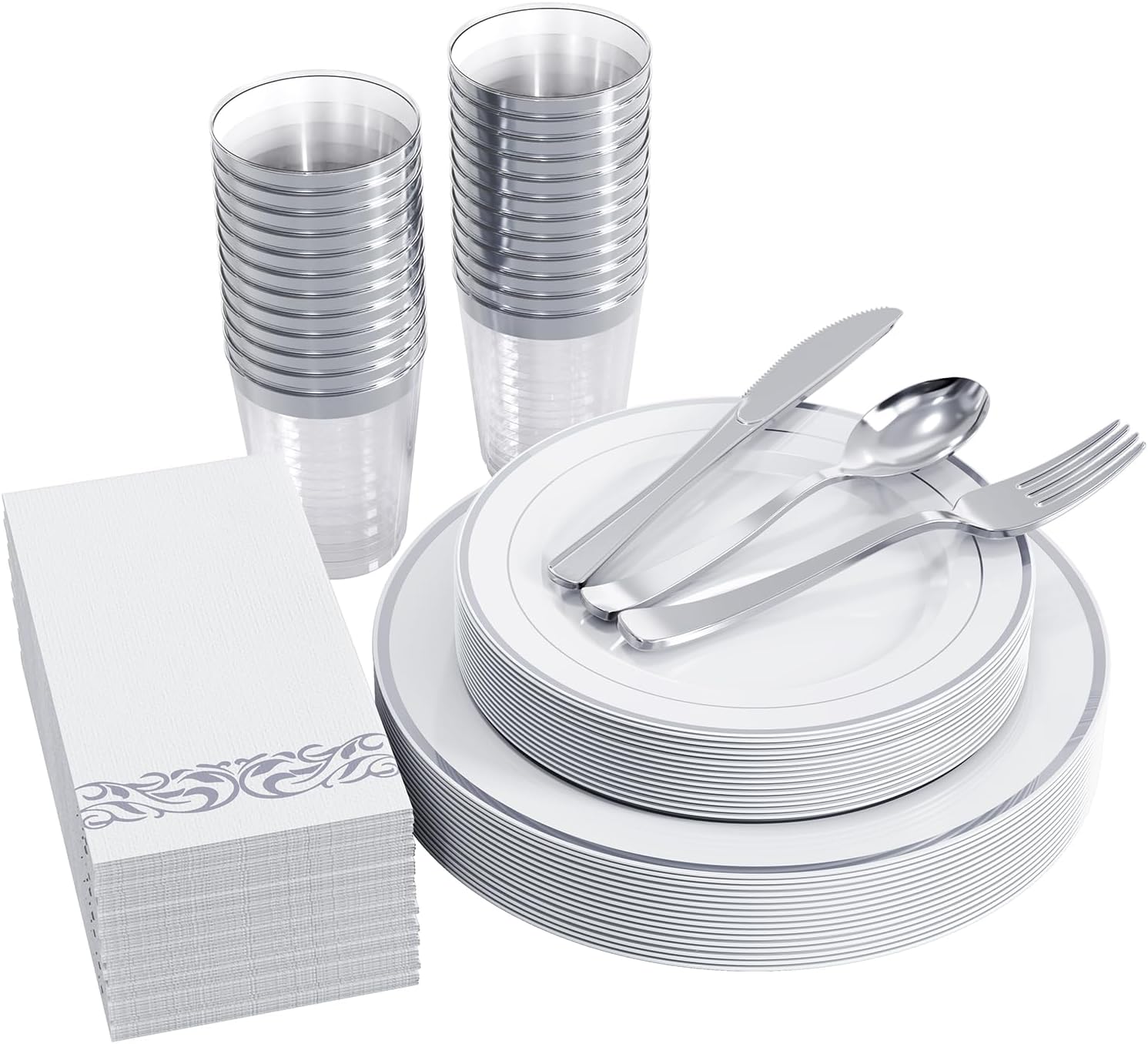 FOCUSLINE 175pcs Silver Dinnerware Set for 25 Guests, White Plastic Plates with...