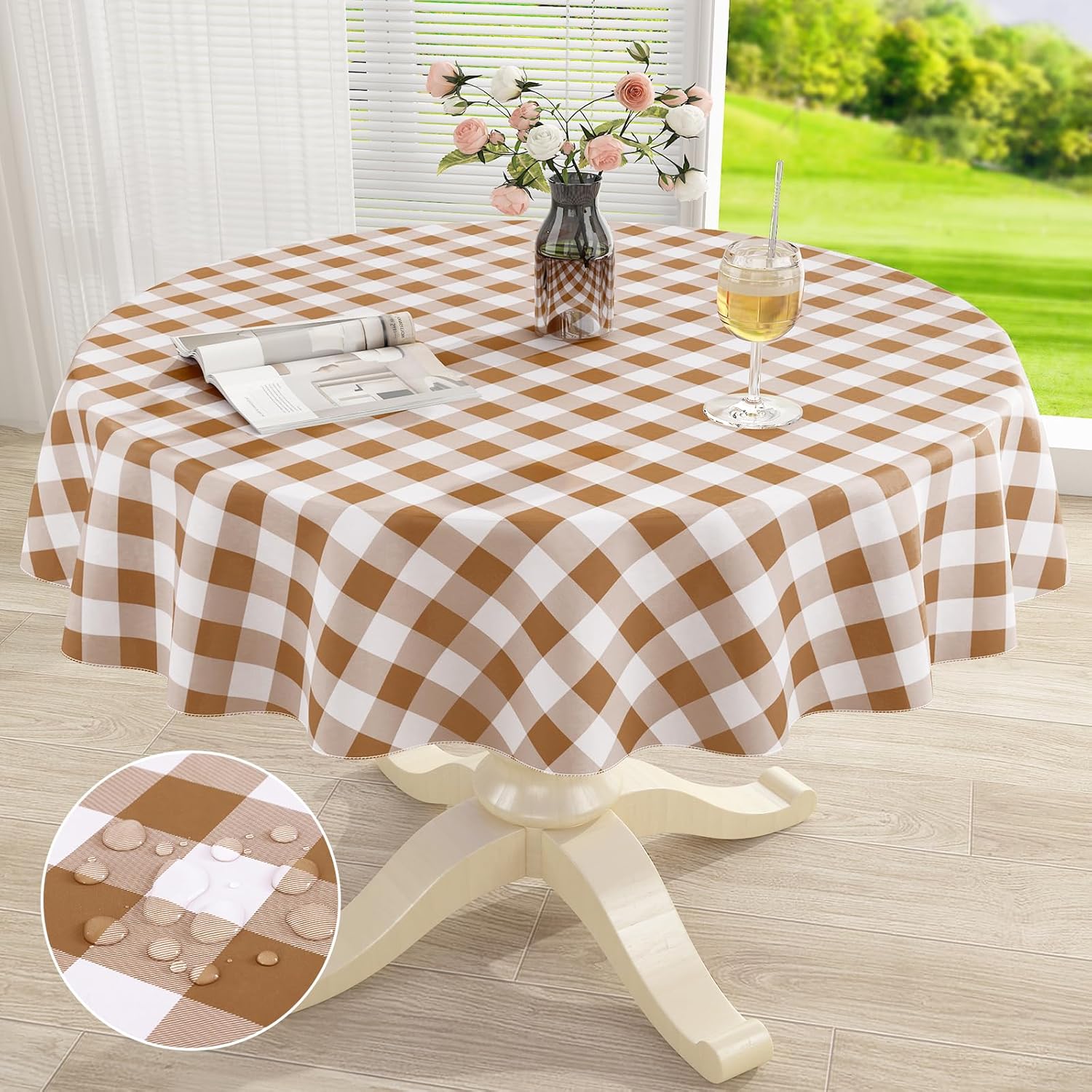 misaya Round Waterproof Vinyl Table Cloth, Special Buffalo Flannel Backed Tablec...