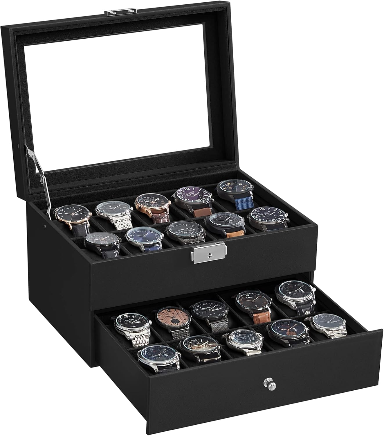 SONGMICS Watch Box, Special Watch Case with Glass Lid, Unique 2-Tier Watch Displ...