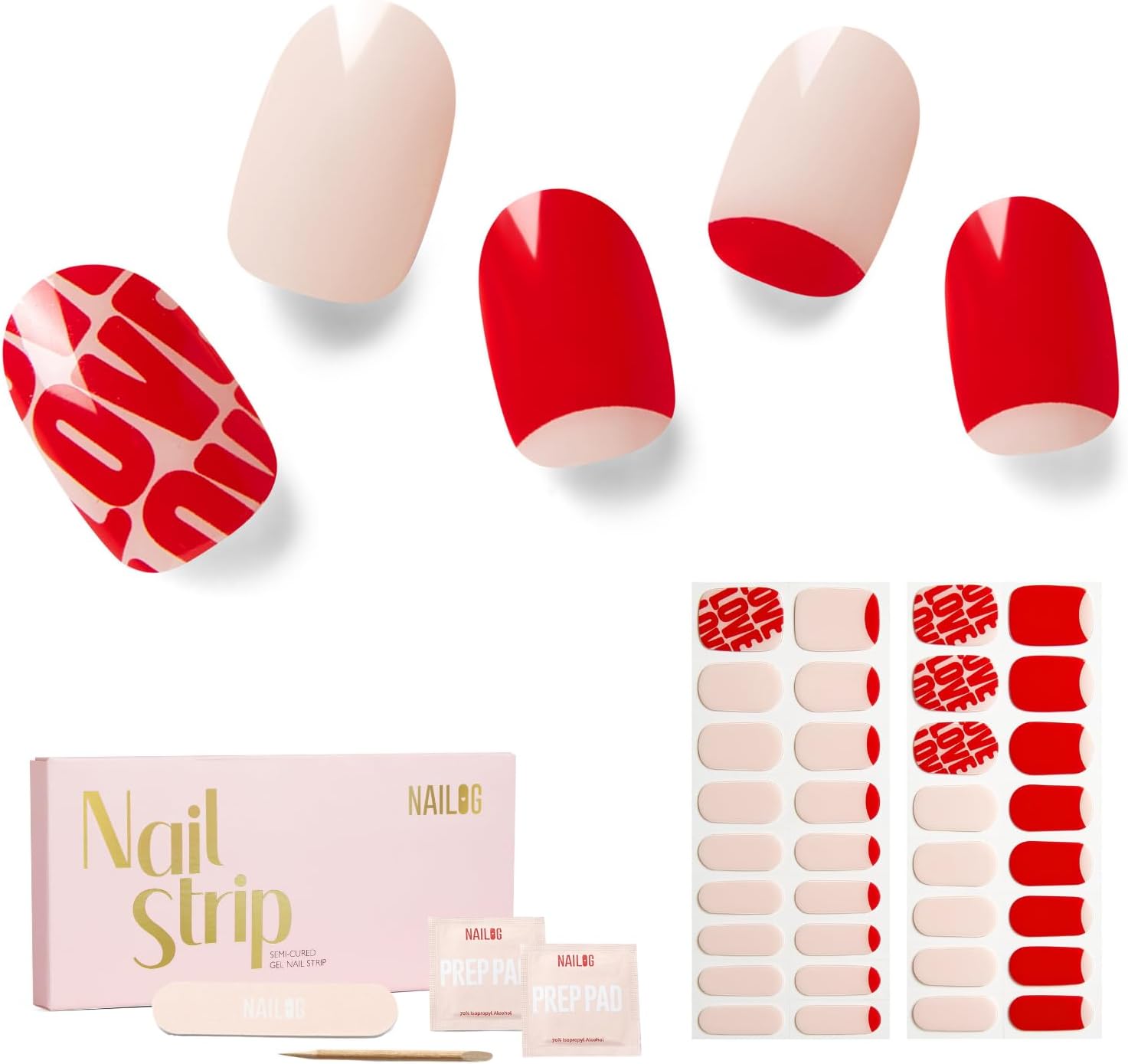 NAILOG Semi Cured Gel Nail Strips, 34 pcs Salon-Quality Gel Nail Stickers, Long...