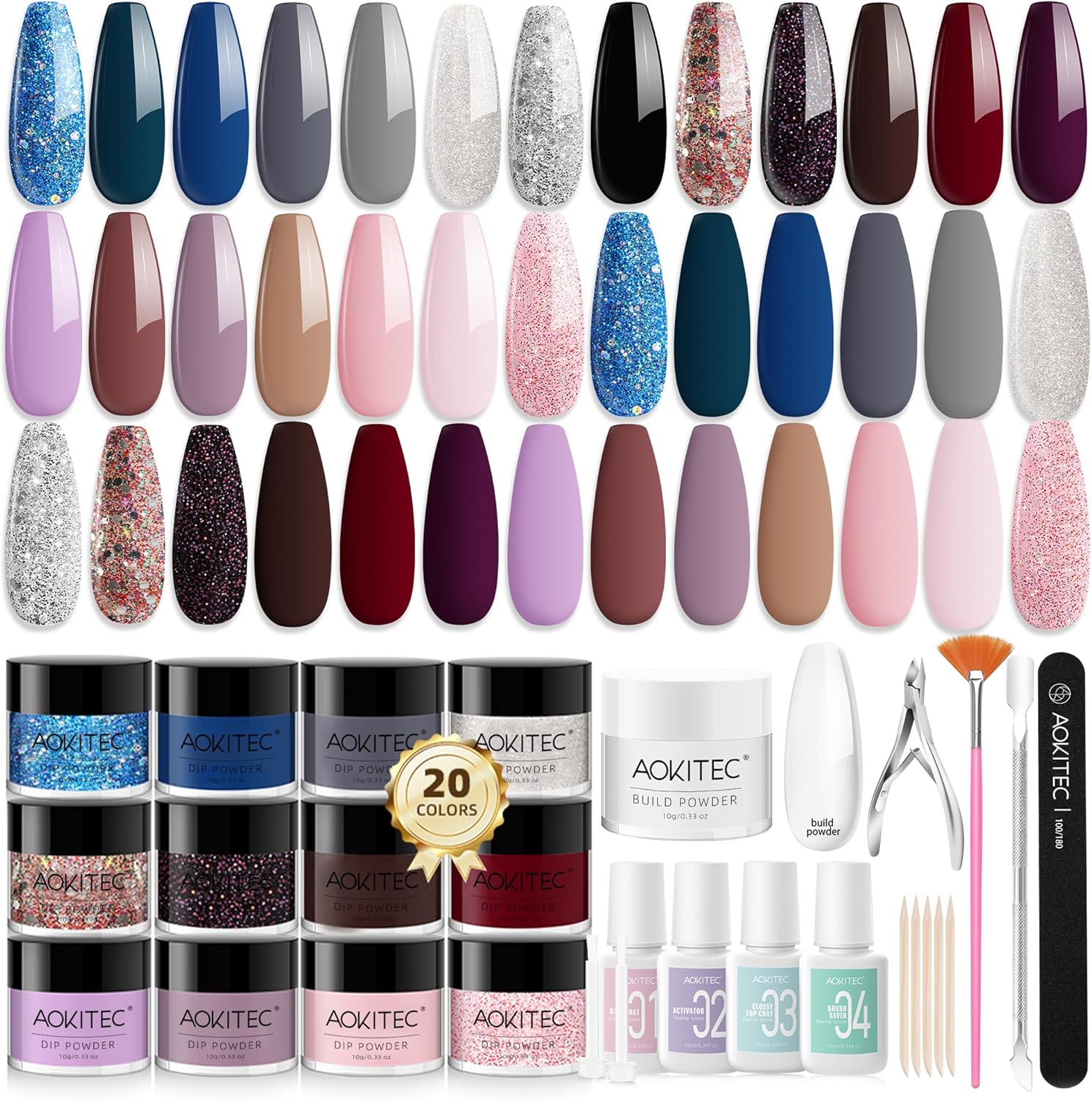 Aokitec 36PCS Dip Powder Nail Kit with Build Powder - 20+1 Colours Silver Black...