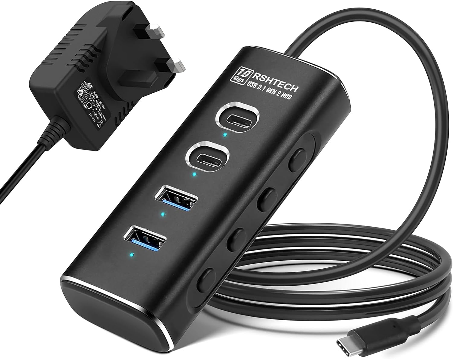 RSHTECH Powered USB C Hub 10Gbps Aluminum 4-Port USB C Splitter with 2 USB-A & 2...
