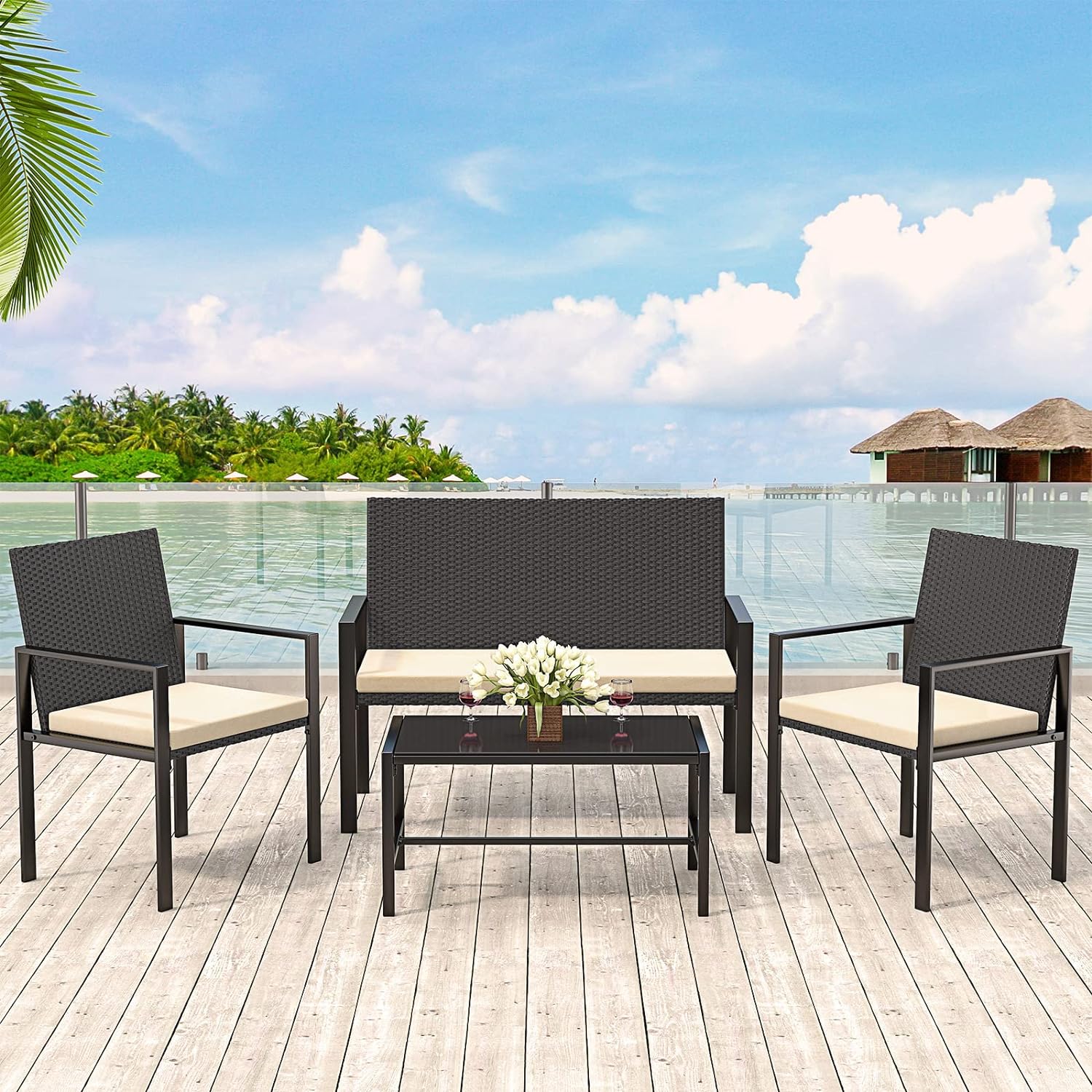 bigzzia Rattan Garden Furniture Set, 4 piece Patio Rattan furniture sofa Weaving...