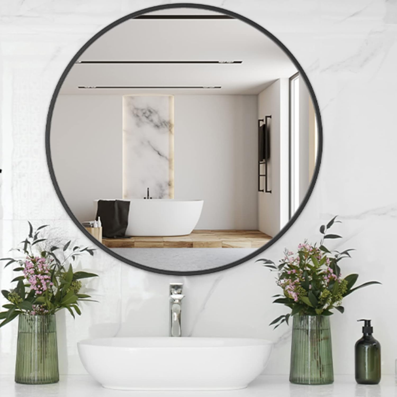 USHOWER Black Round Mirror, Special Circle Bathroom Mirror with Metal Frame, Uni...