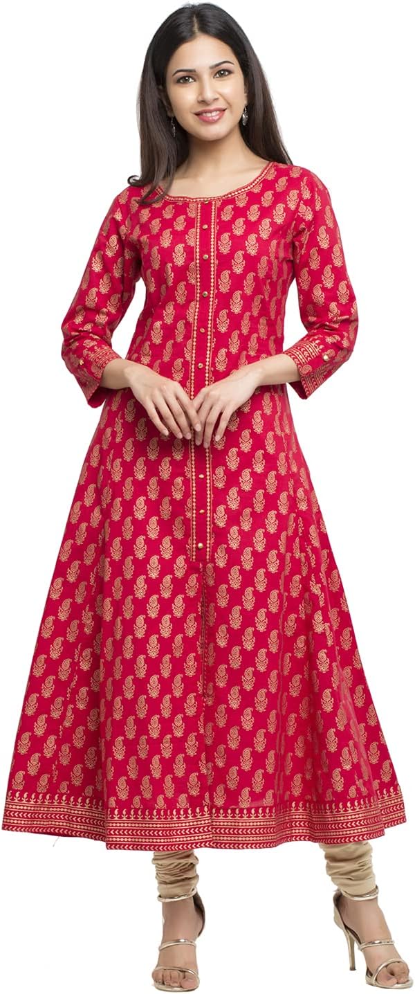 Indian Tunic, Special Cotton Gold Print Anarkali Kurtis for Women, Unique Large...