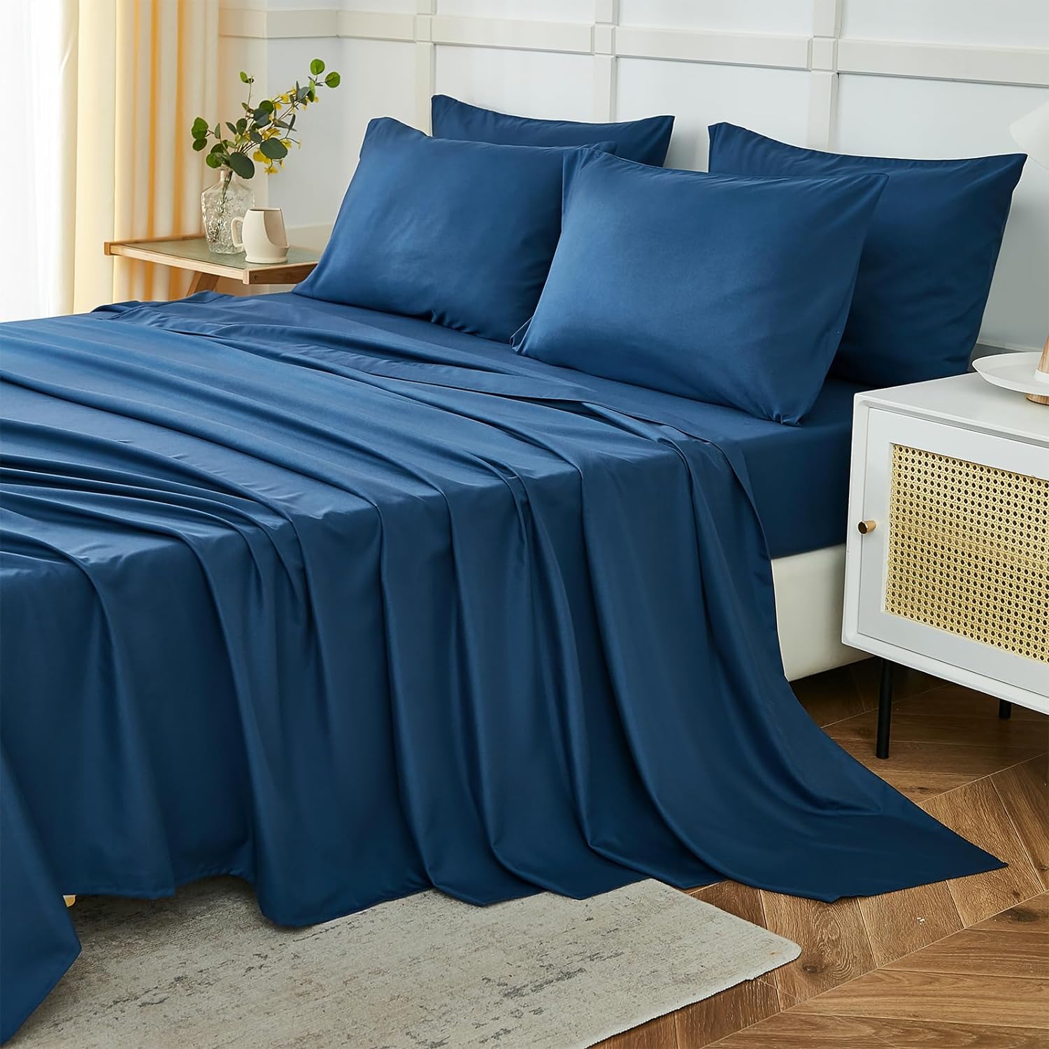 ILAVANDE Navy Blue Queen Sheets Set, Special 6 Pie...