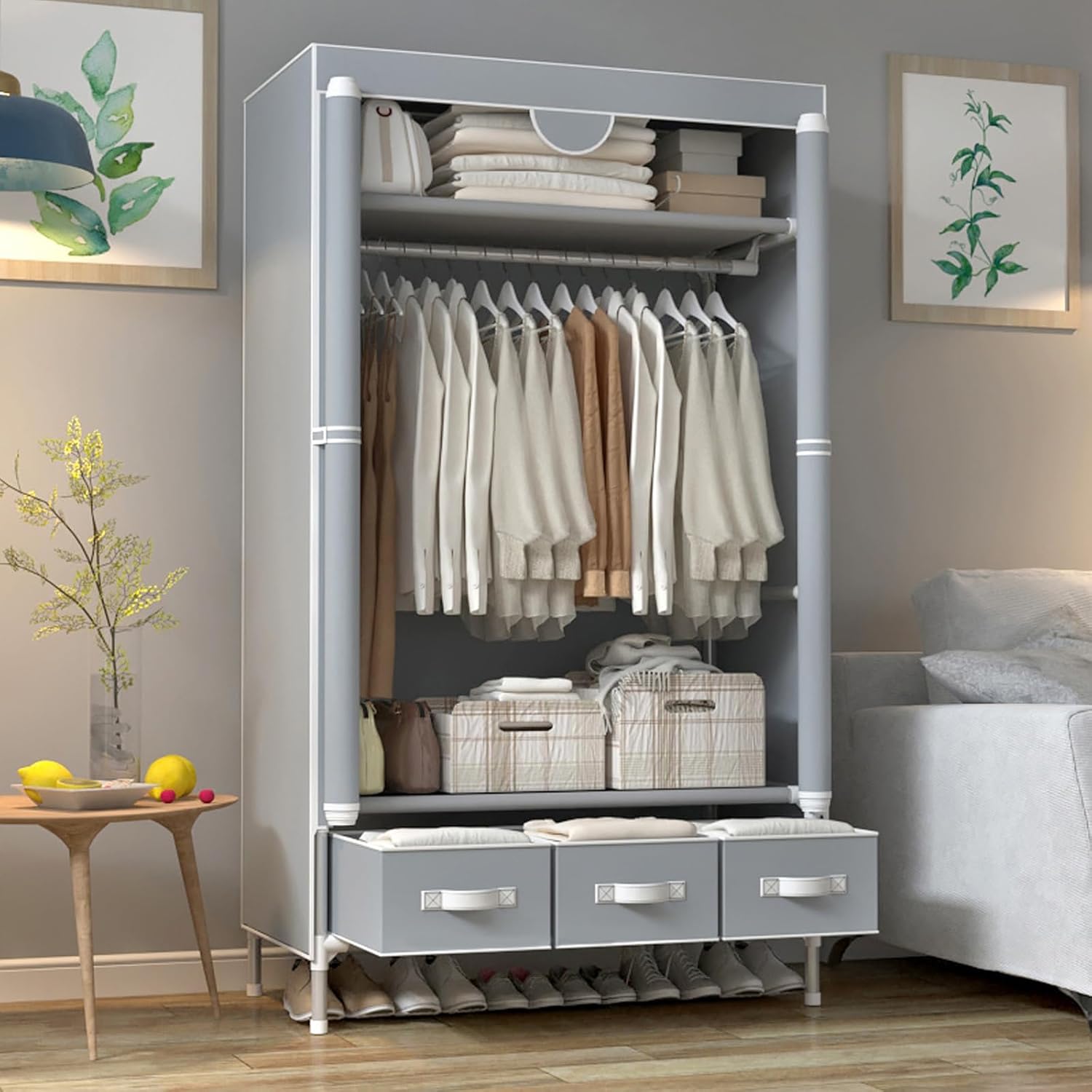 Anmas Power Portable Canvas Wardrobe with 3 Drawers, Portable Closet with Hangin...