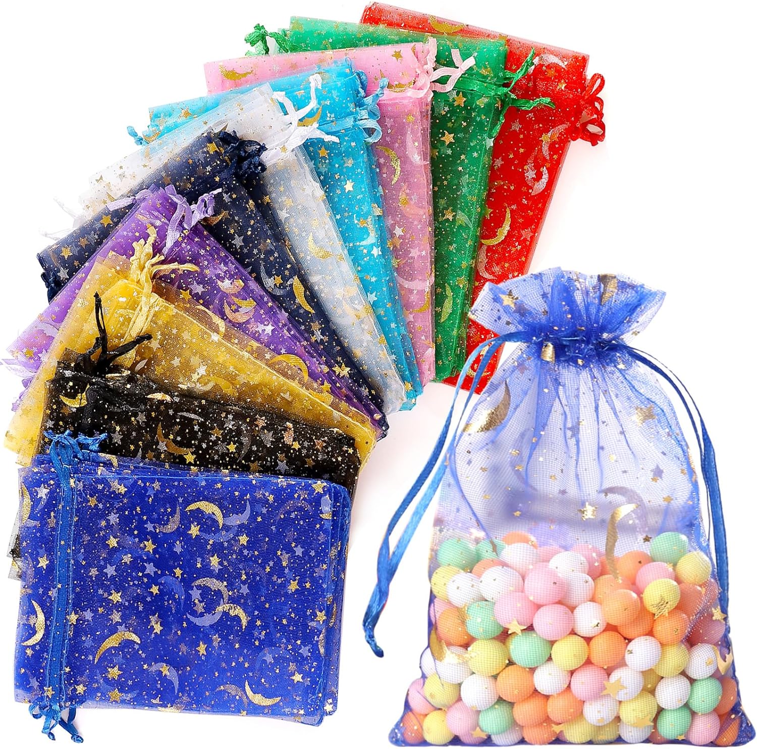 Hopttreely 100 Pieces Moon Star Organza Bags, Special Mixed Color Gift Bags, Hig...