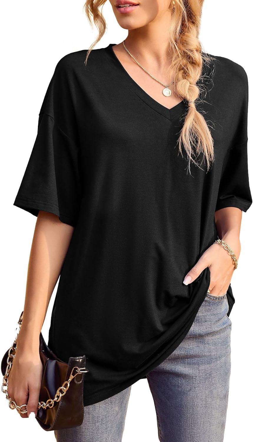 TASAMO Women’s Dolman Shirts Loose V Neck Half Sleeve Tops Oversized T Shirts Te...