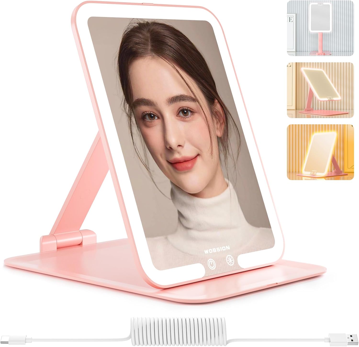 wobsion Travel Makeup Mirror Rechargeable, Illuminated Makeup Mirror with 3 Colo...