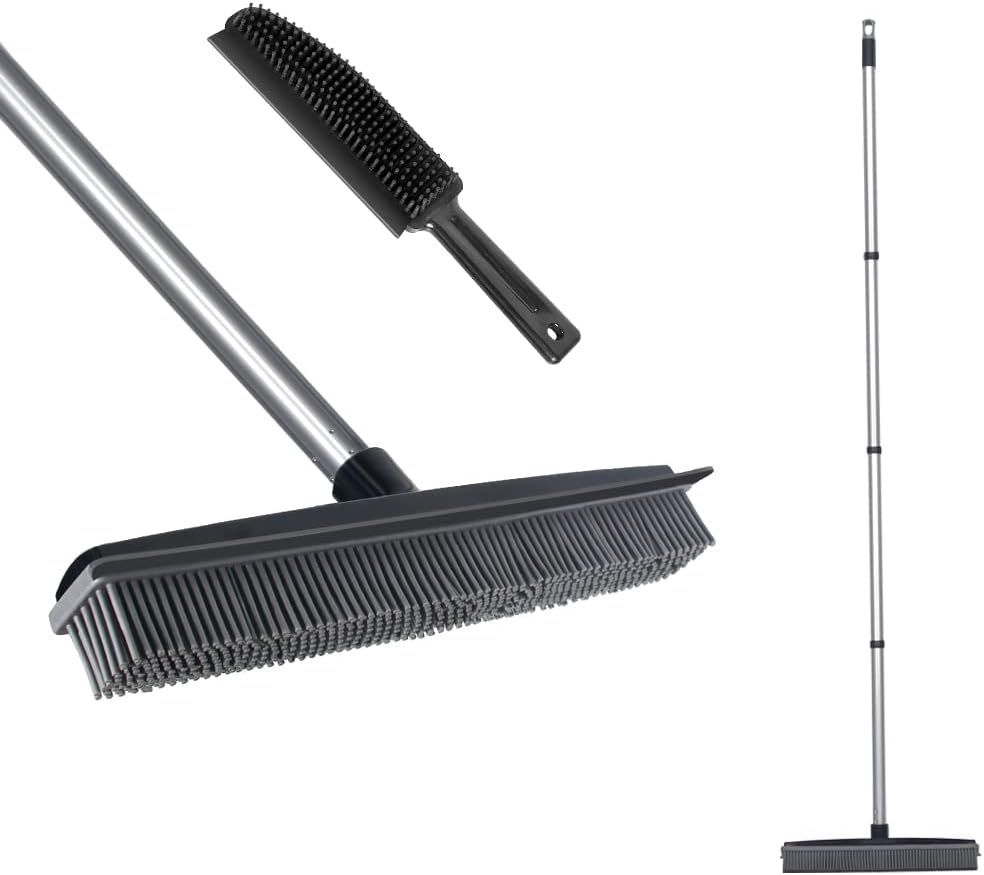 Rubber Broom with Squeegee Fur and LongHandle, Carpet Rake and Lint Brush Set fo...