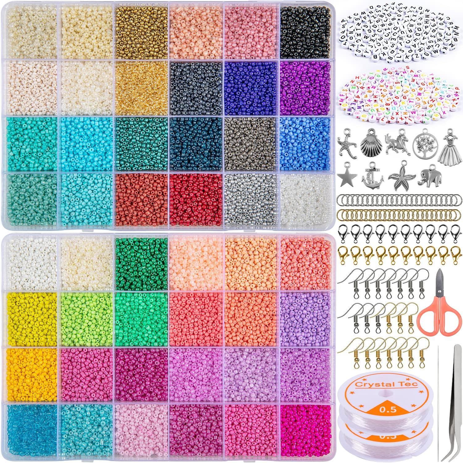 HONGTEYA 48 Colors Glass Seed Beads with Letter Beads 0.5mm Elastic String, for...