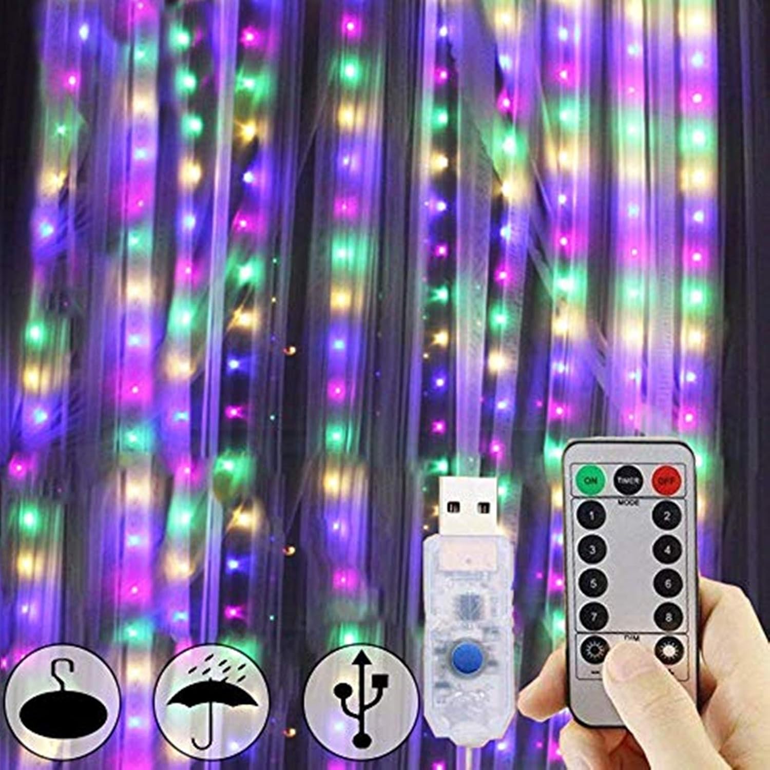300 LED Curtain Lights, USB Plug in Window Lights, 3m x 3m 8 Modes Remote Contro...