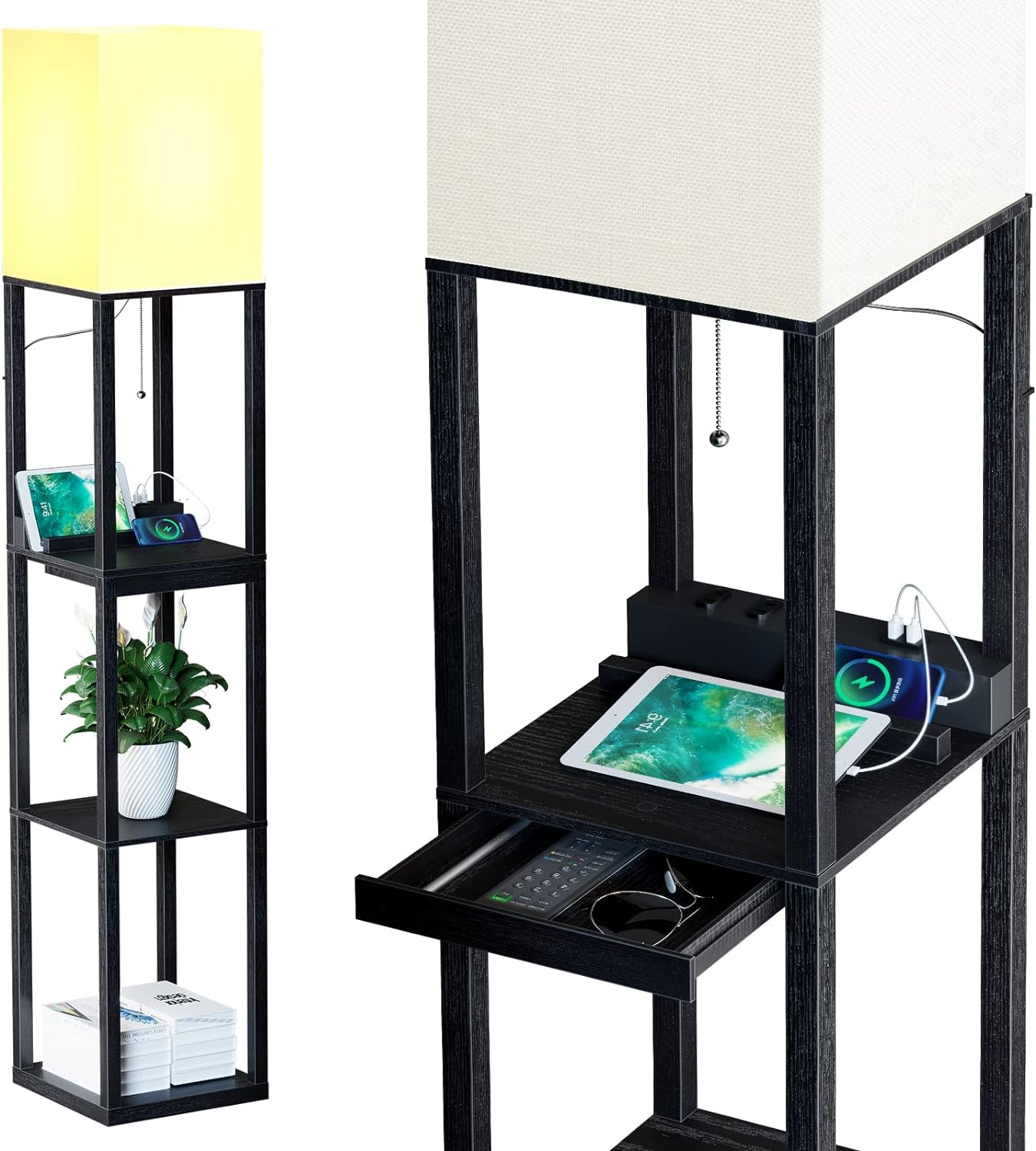 SUNMORY Floor Lamp with Shelves,Modern Dimmable Solid Wood Standing Lamp with 1...