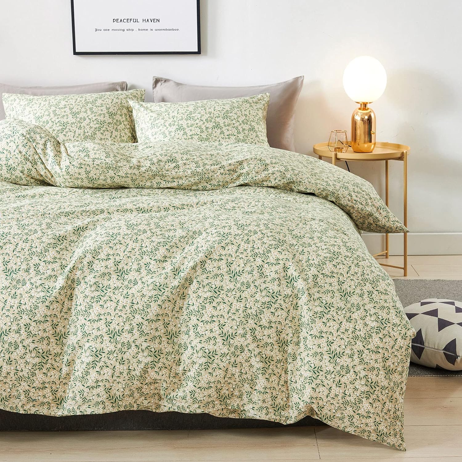 HoneiLife, Cotton Floral Duvet Cover Sets,Light Green with Zipper Closure & Corn...