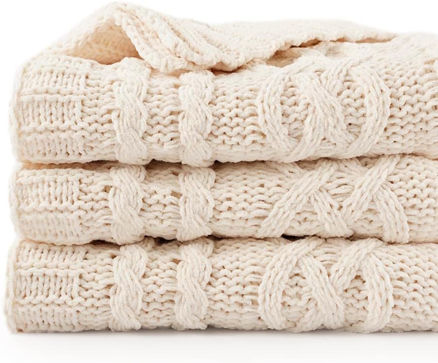 Battilo Cream Throw Blanket, Special Knit Blanket for Sofa Bed Couch Chair, Cozy...