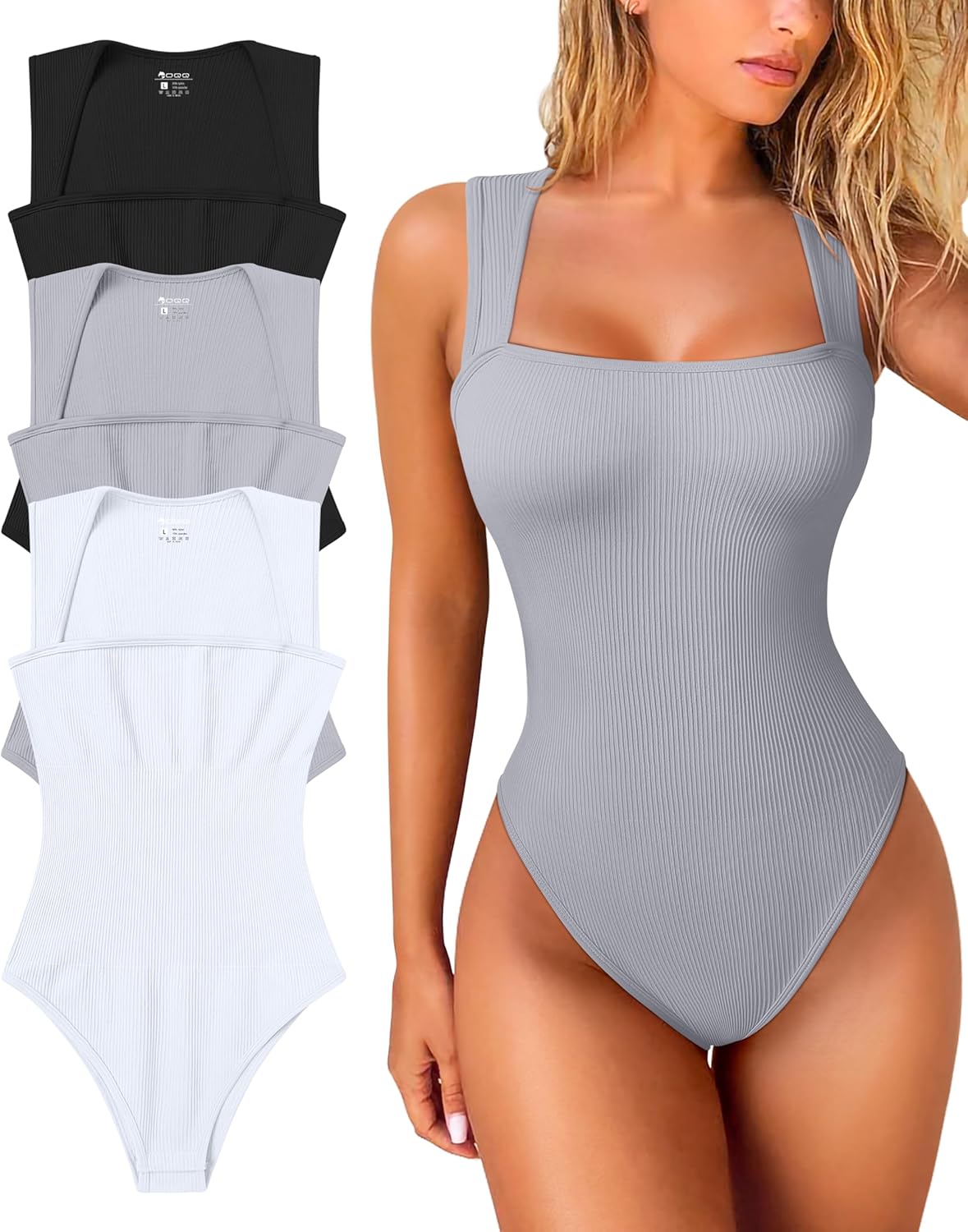 OQQ Women's 3 Piece Bodysuits Sexy Ribbed Strappy Square Neck Sleeveless Tummy C...