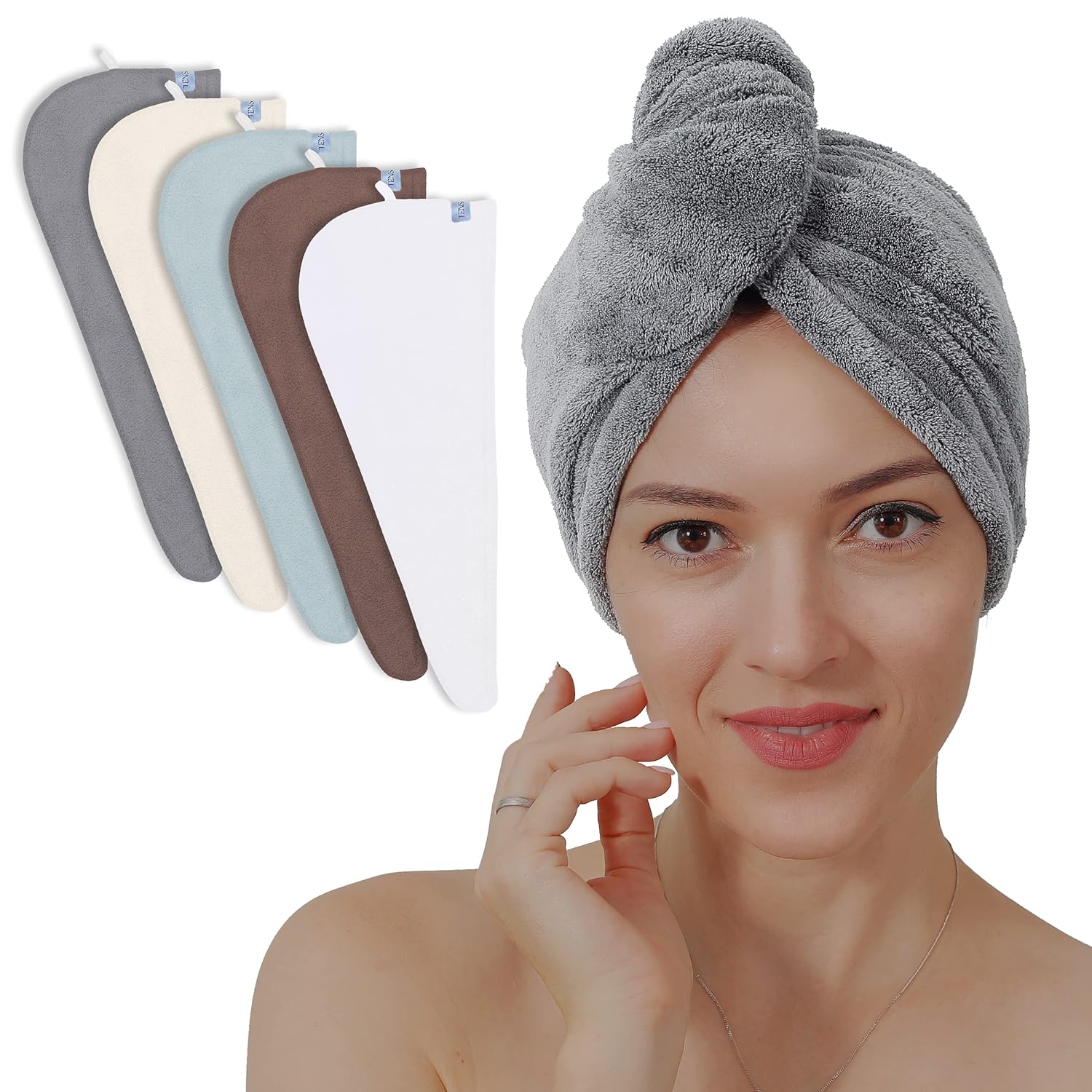 TENSTARS 5 Pack Thicken Microfiber Hair Towel Wrap for Women - Elastic Loop Desi...