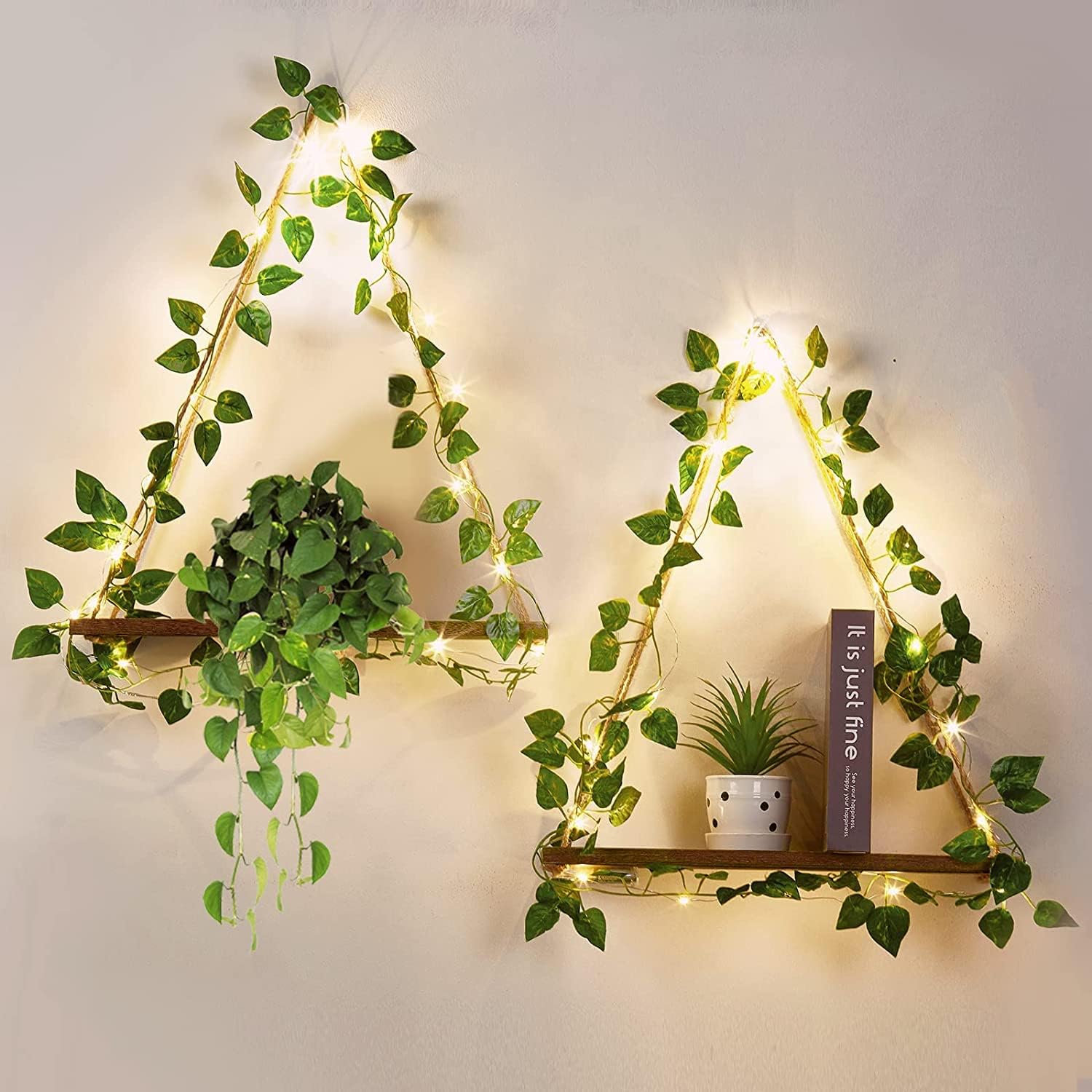 Set of 2 Macrame Hanging Shelves Artificial Ivy LED-Strip Rustic Wood Floating S...