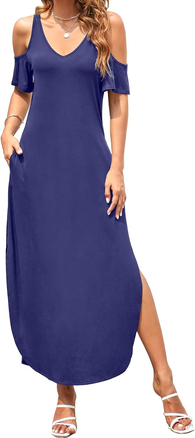 HUSKARY Women's Summer Maxi Dress, Special V Neck Cold Shoulder Dress, Innovativ...