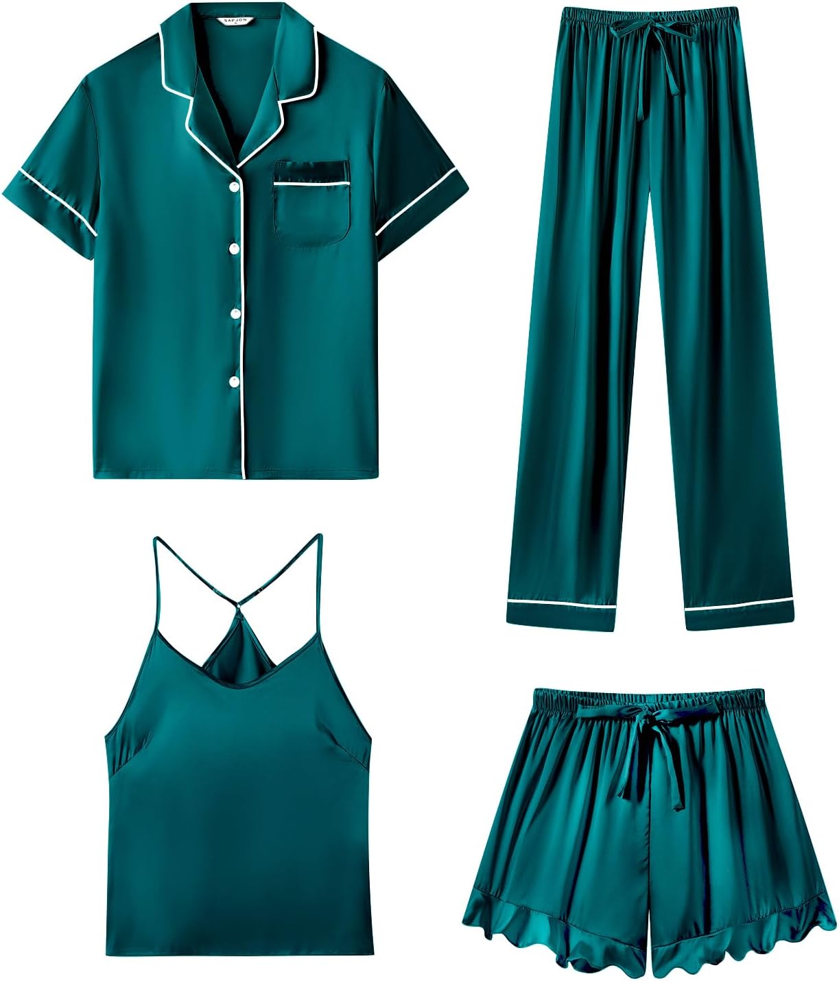 SAPJON Silk Pajamas for Women Set 4Pcs Ruffled Satin Pajamas Set Button Down Sho...