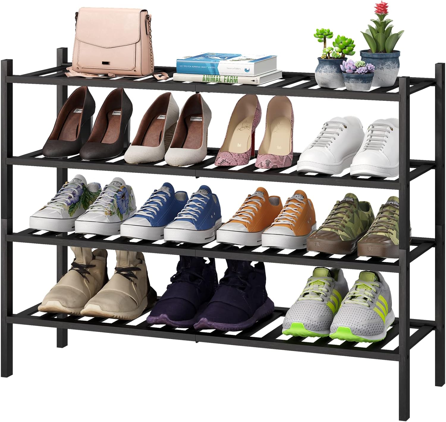Black 4-Tier Long Shoe Rack, Bamboo Wood, 33-Inch...