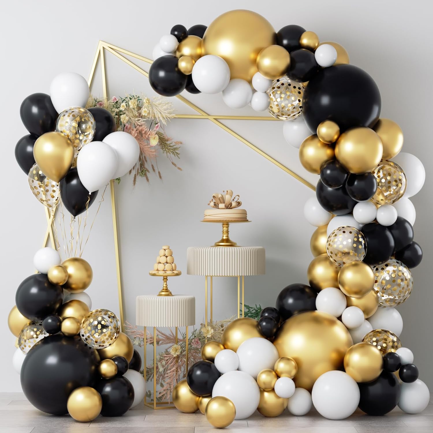 COKAOBE Black and Gold Balloon Garland Arch Kit, 124pcs Black White Metallic Gol...