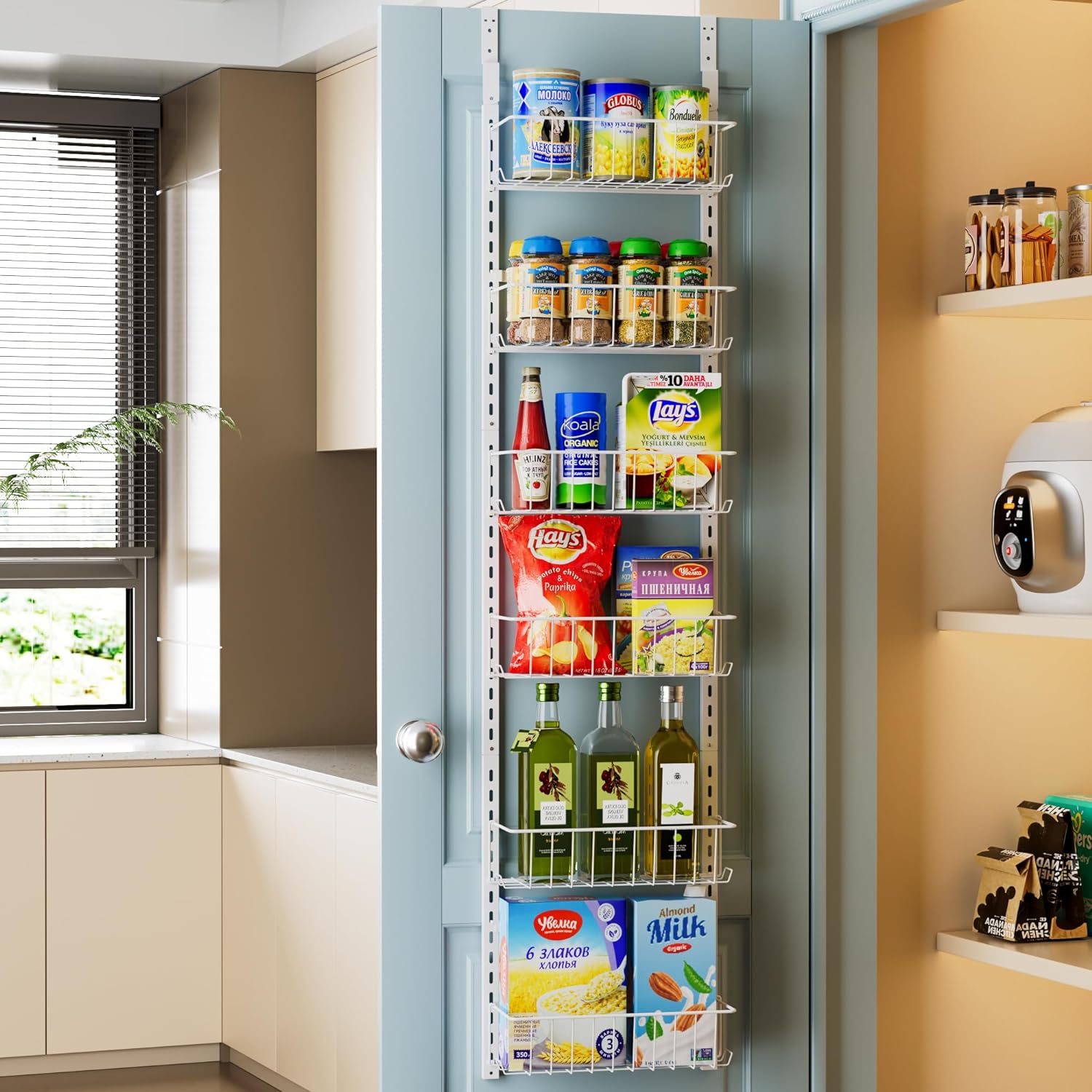 Delamu Pantry Door Organizer, Adjustable Metal Over the Door Pantry Organizer Ra...