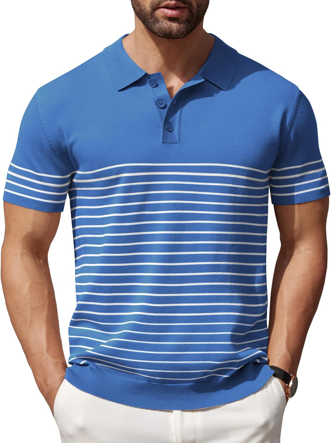 COOFANDY Men's Knit Polo Shirts, Special Short Sleeve Striped Golf Polo Shirts,...