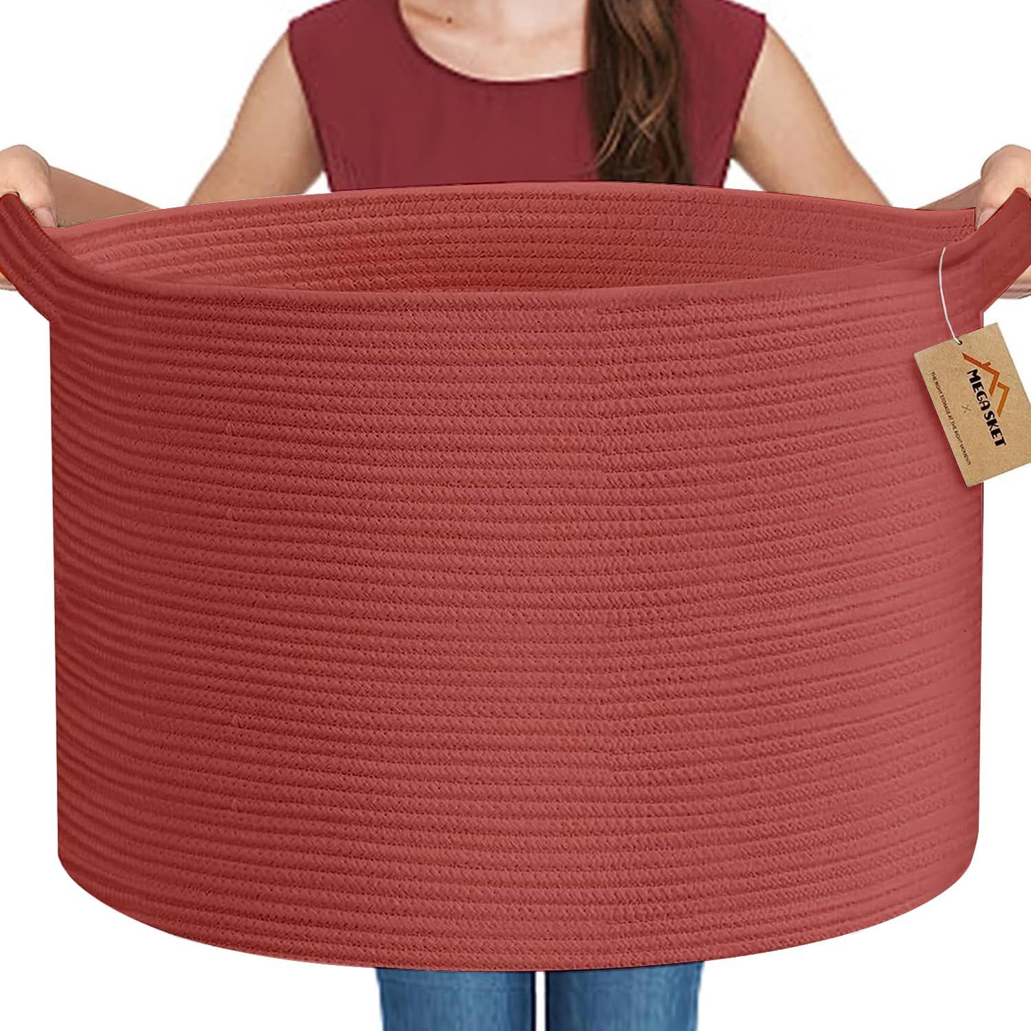 Extra Large Storage Basket, 22" X 14" Blanket Basket Living Room, Brick Red Wove...