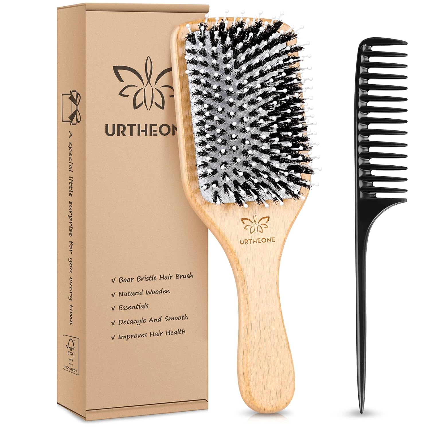 Hair Brush,Boar Bristle Hair Brushes and Styling Comb Set for Women Men Kids, Be...