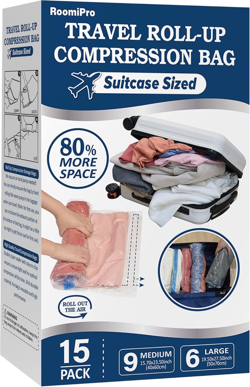 15 Compression Bags for Travel, Roll Up Space Saver Bags for Travel, Saves 80% o...